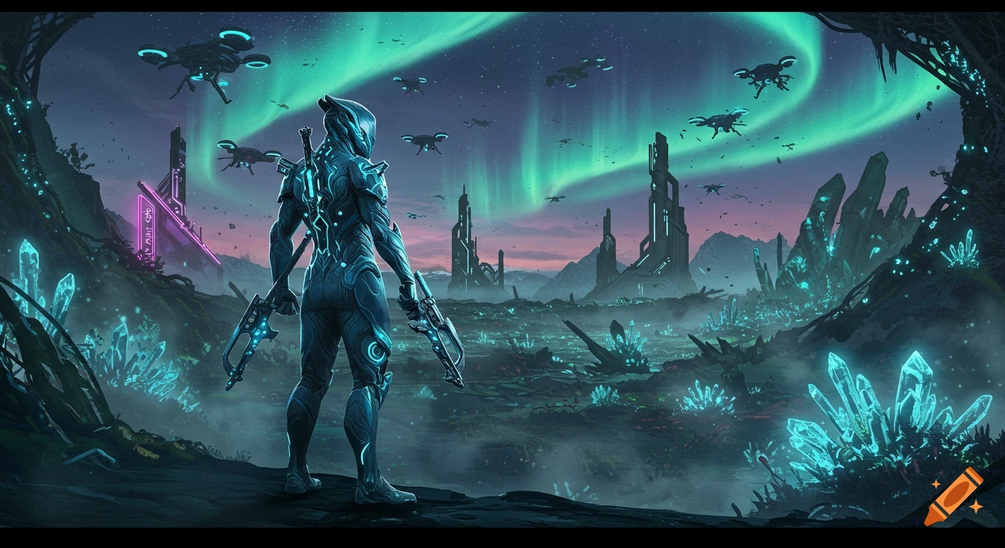 An armored futuristic character stands in a glowing alien landscape under a green aurora, surrounded by crystal formations and flying drones.