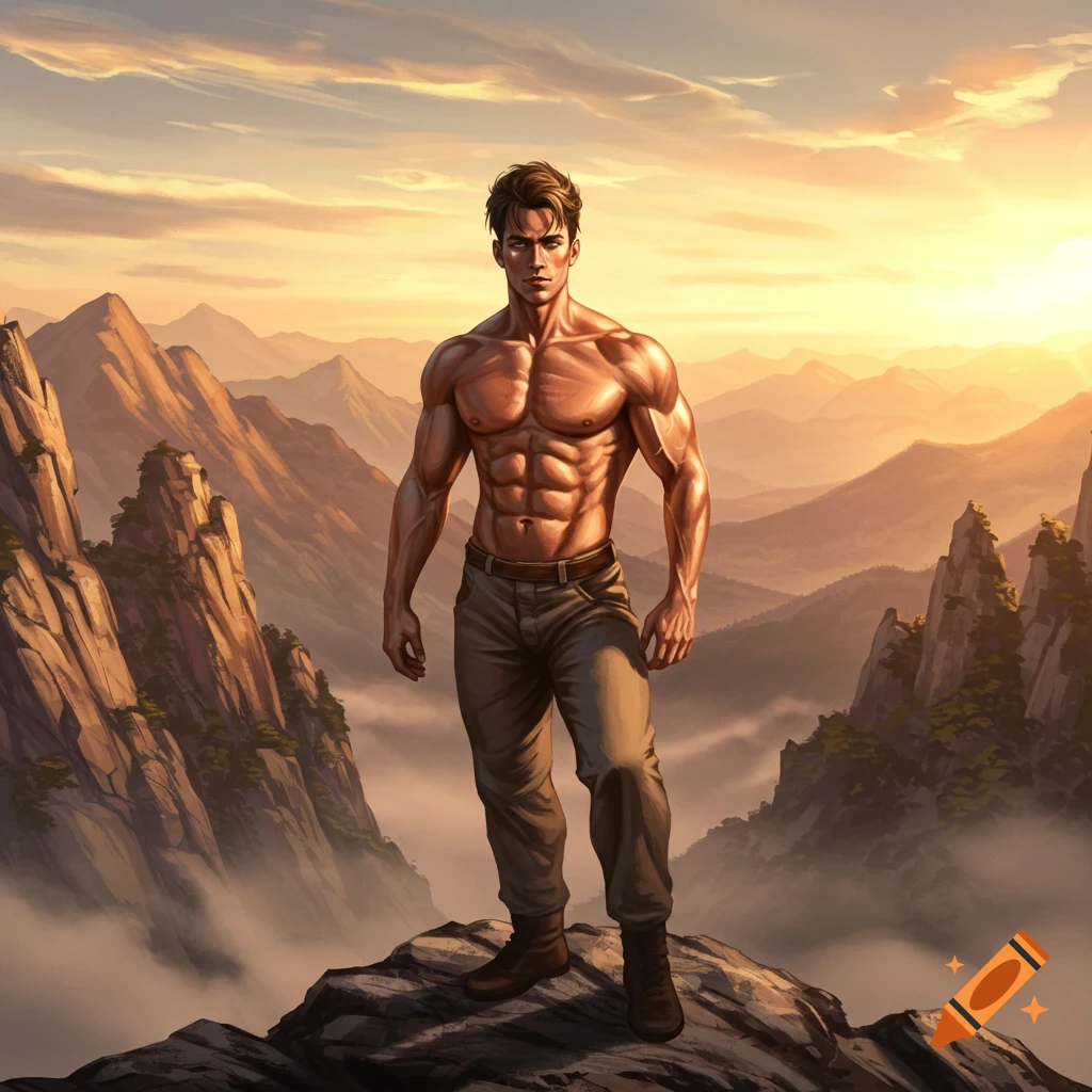 Muscular man standing shirtless on a mountain peak overlooking a vast, cloud-filled landscape at sunset.