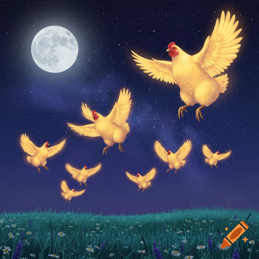 Glowing yellow chickens fly under a bright full moon in a starry night sky above a field of green grass and flowers.