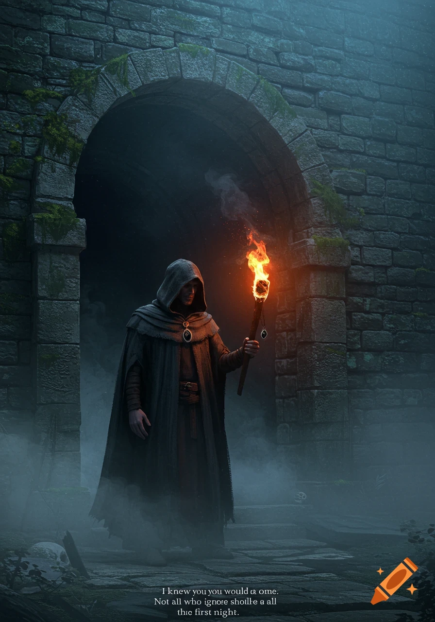 A hooded figure in a dark robe stands under a stone archway, holding a flaming torch in a misty, dark environment. Skulls are visible on the ground.