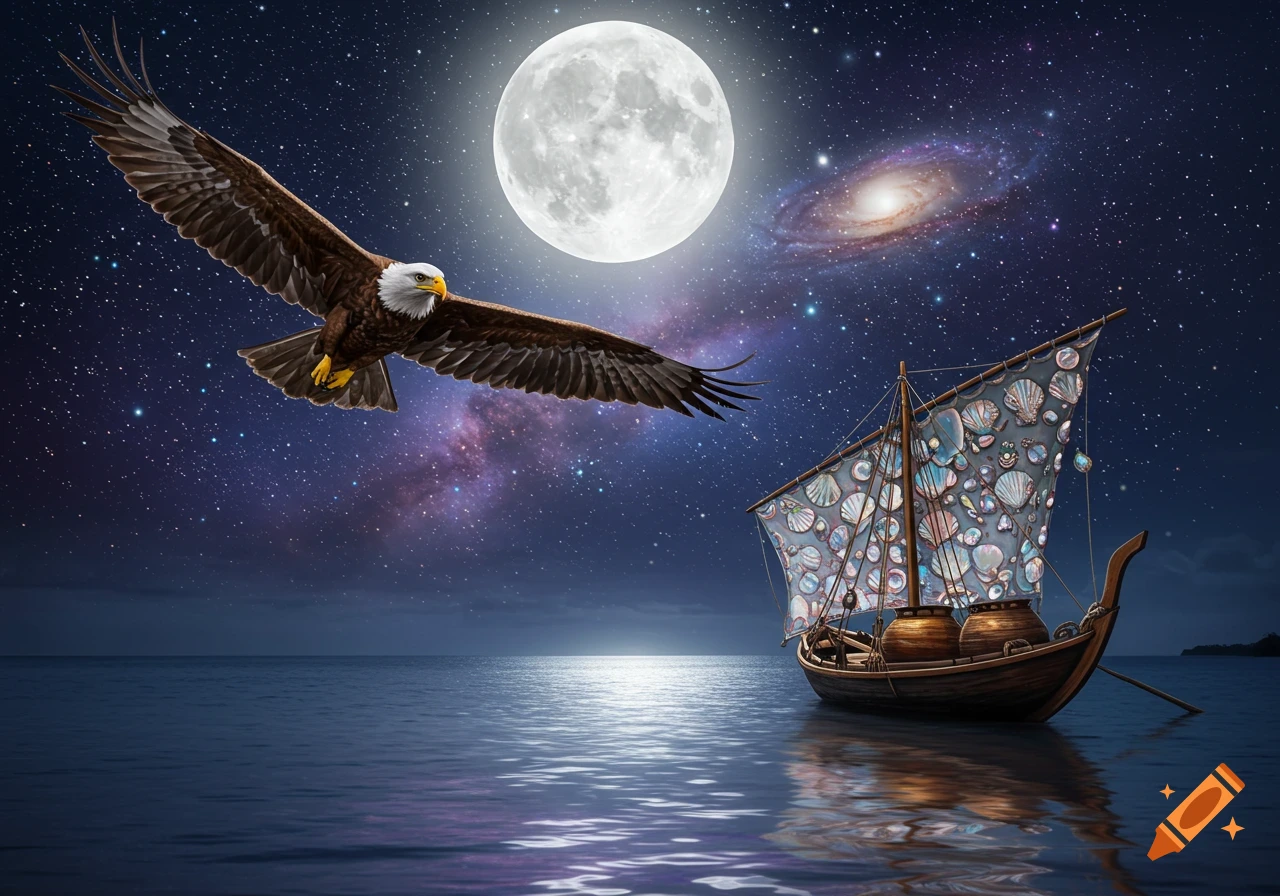 Majestic eagle flies under a full moon and cosmic starry sky over water, beside a boat with a unique shell sail.