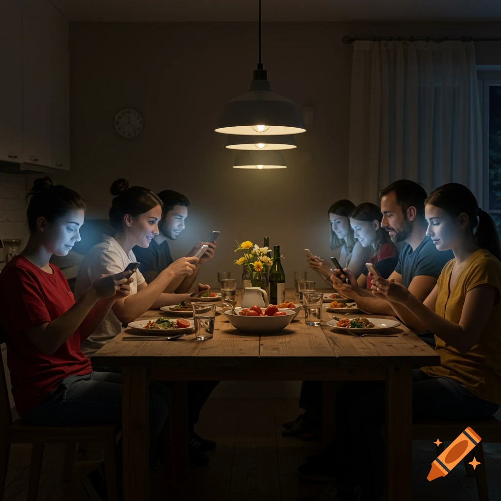 A family sits at a dinner table in a dimly lit room, each person looking at their glowing smartphone screen.