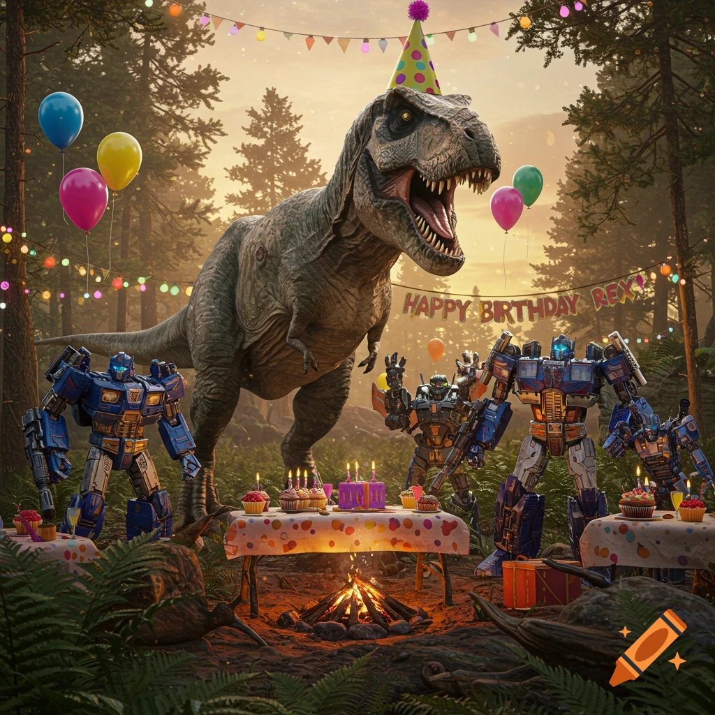 Photorealistic T-Rex wearing a party hat celebrating its birthday with Transformers in a forest, with cake and balloons.