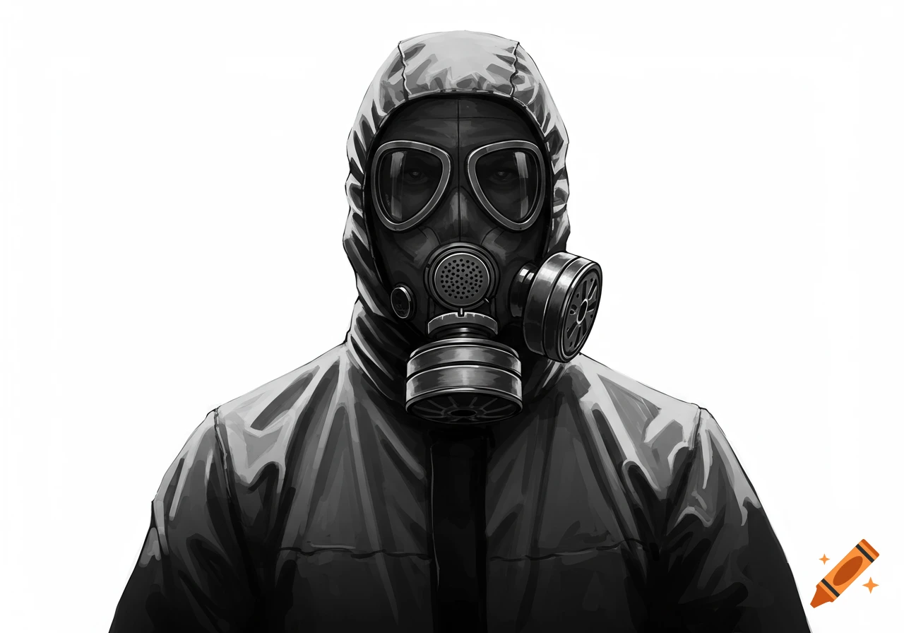 A close-up, black and white illustration of a person in a hooded chemical protection suit and a full-face gas mask against a white background.