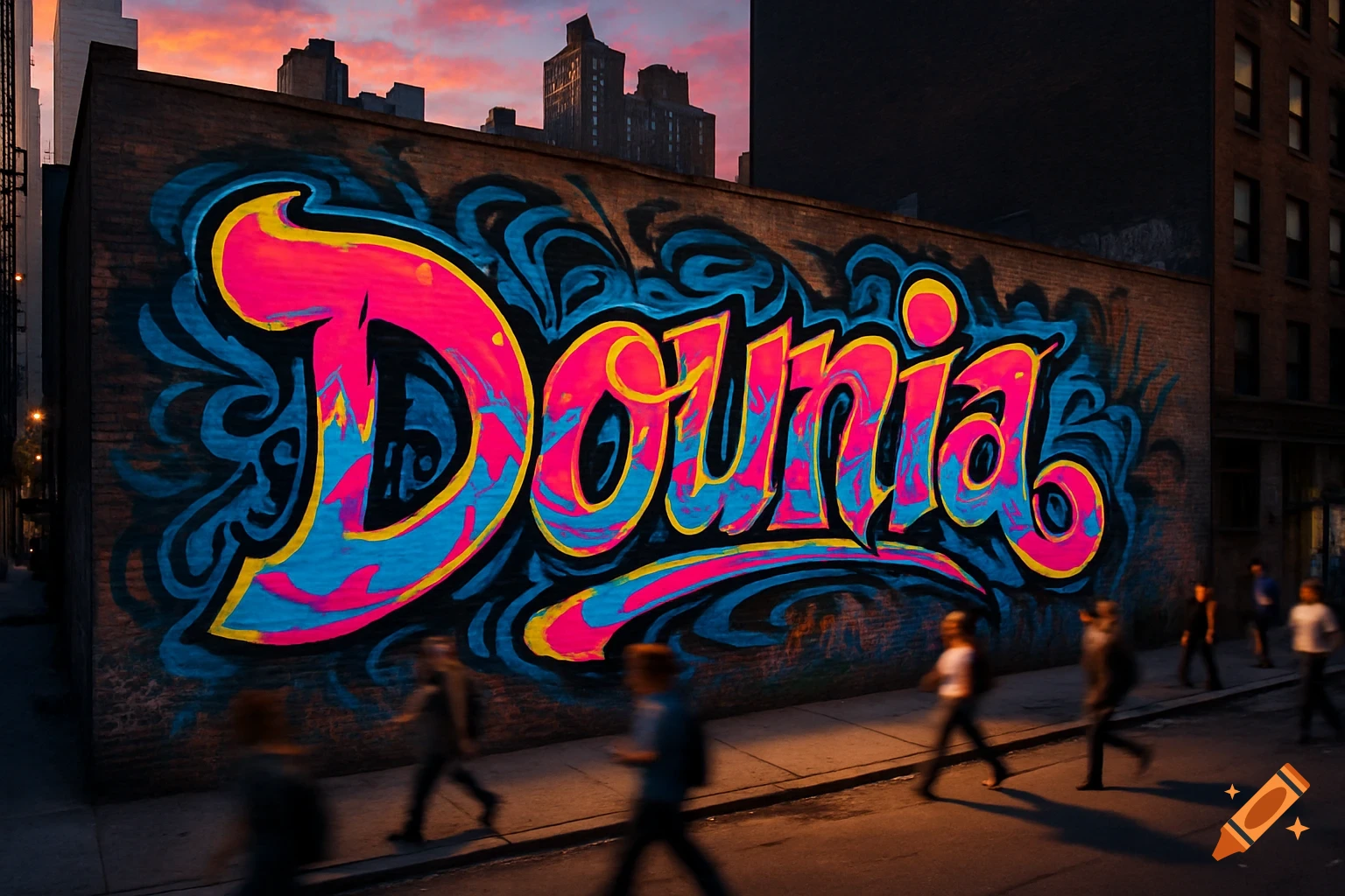 Vibrant graffiti mural spelling "Dounia" on a brick wall in a New York city street at dusk, with blurred pedestrians.