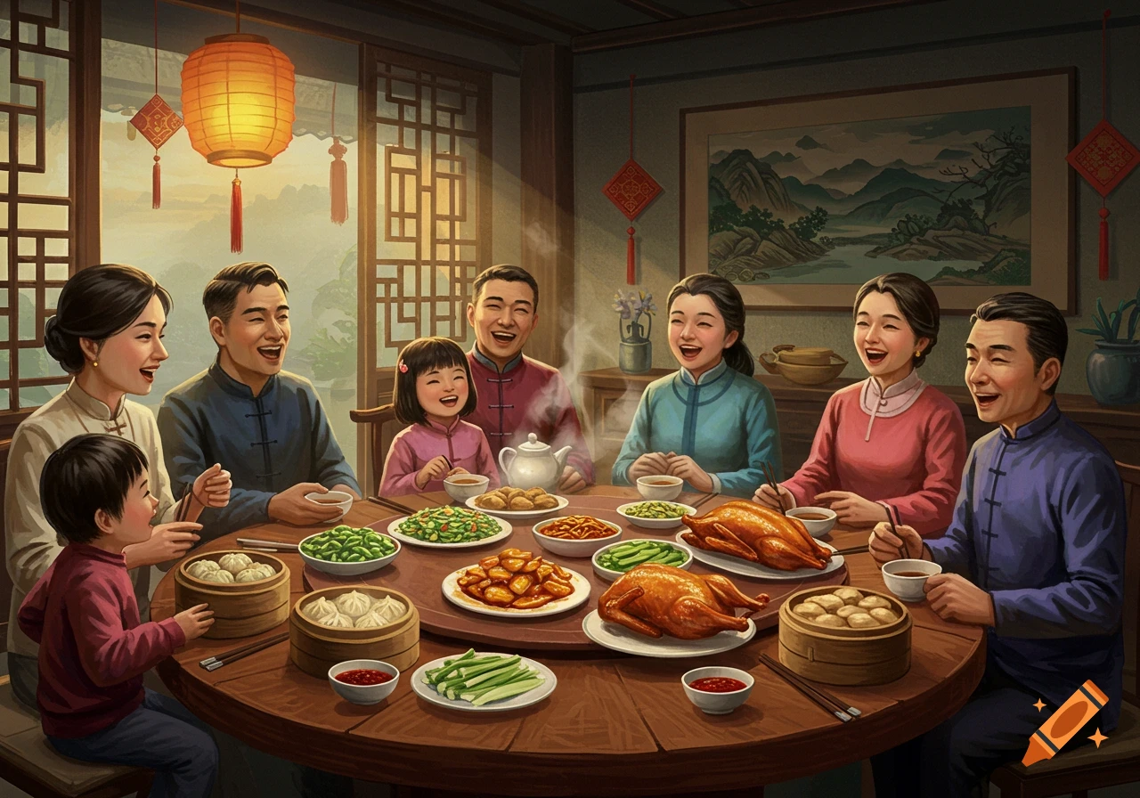 A joyful Chinese family laughing around a table laden with food and dishes in a warmly lit, traditional room with lanterns.