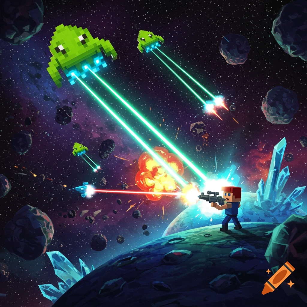 Pixel art space battle with a human shooting lasers at green alien ships in deep space with asteroids and crystals.