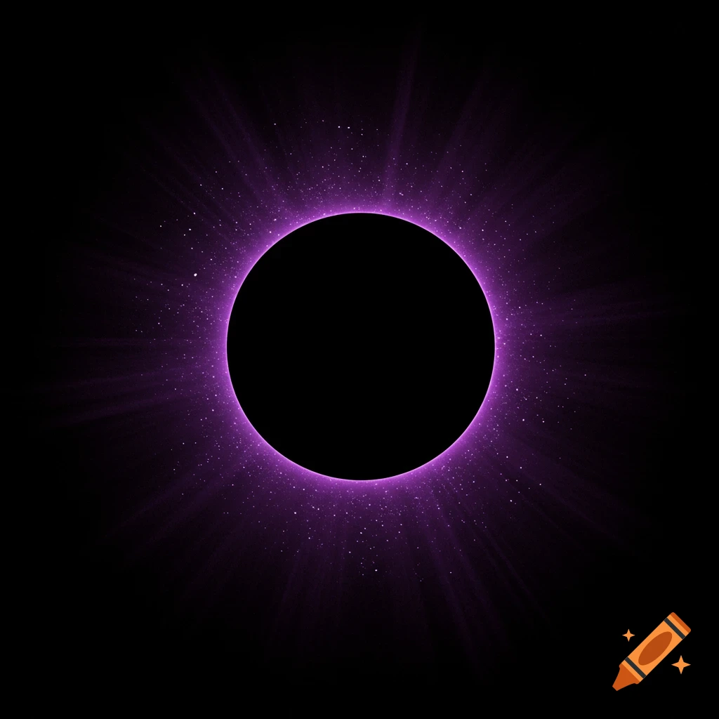 A stylized purple eclipse with glowing rays and stardust against a black background.