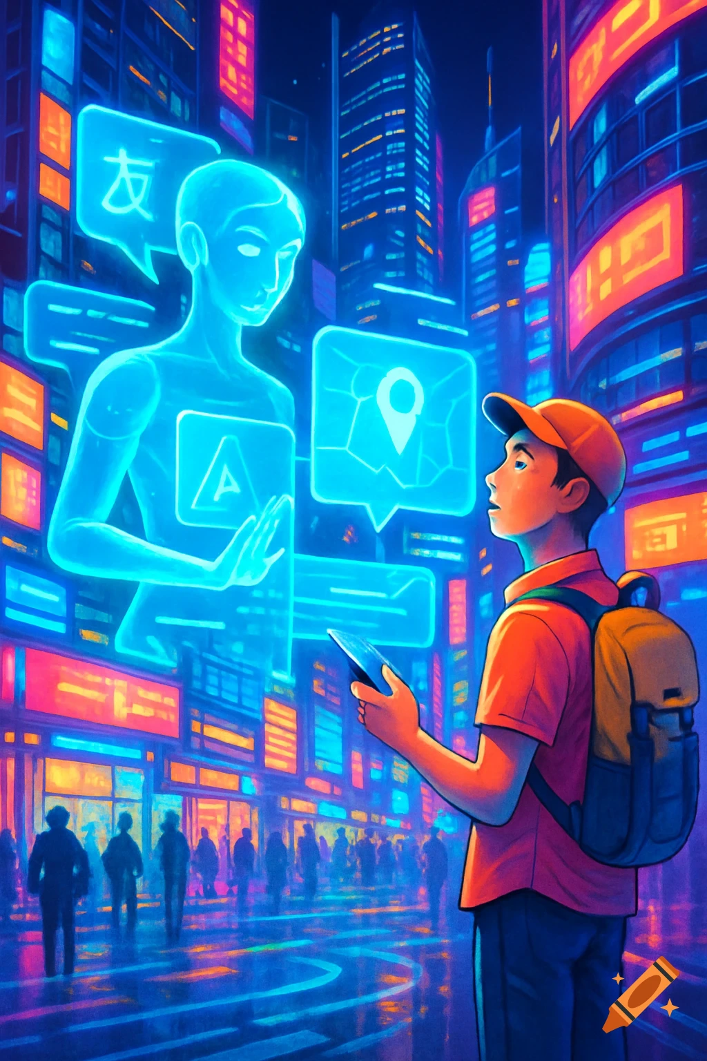 A boy with a backpack looks up at a blue holographic AI assistant in a neon-lit futuristic city, digital art.