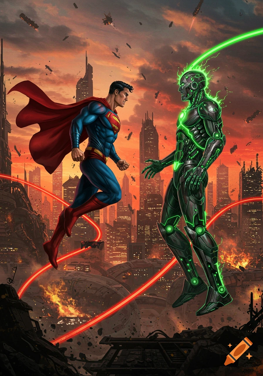 Superman confronts Brainiac in a destroyed futuristic city at sunset, rendered in a detailed comic book art style.