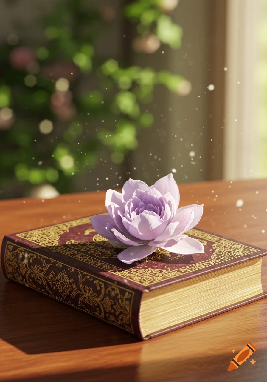 A vibrant purple lotus flower rests delicately on a richly decorated maroon book with gold accents, set on a wooden surface. Blurred green foliage and sparkling light are in the background.