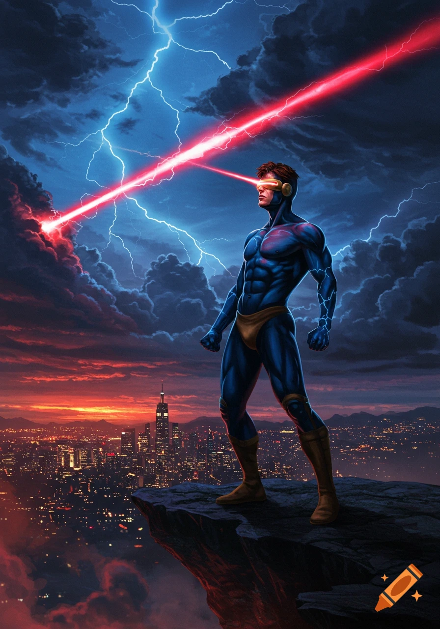 A muscular Cyclops in a blue suit stands on a cliff firing red eye beams into a stormy, lightning-filled sky above a cityscape at sunset.