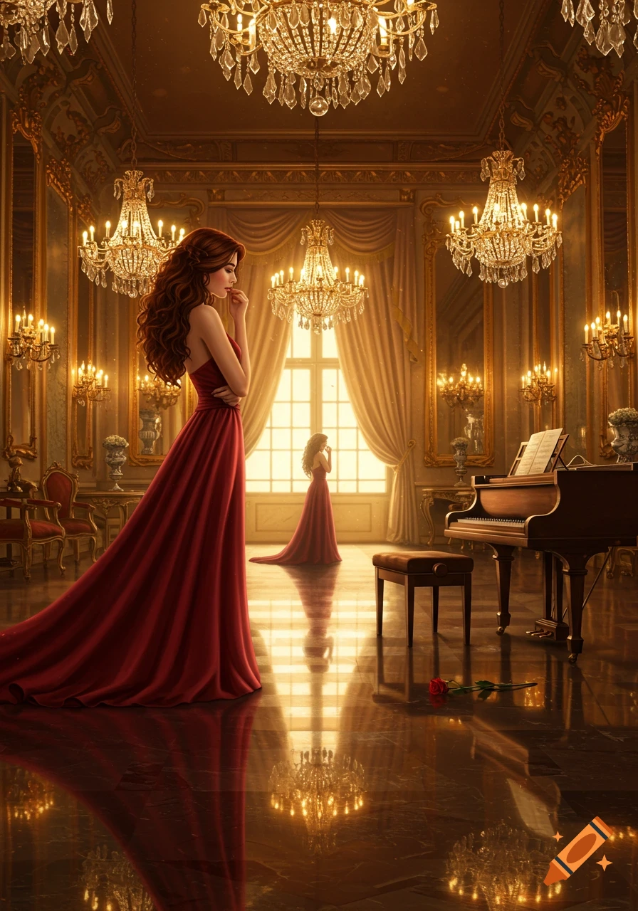 A woman in a flowing red gown stands pensively in an opulent, chandelier-lit grand hall with a piano.