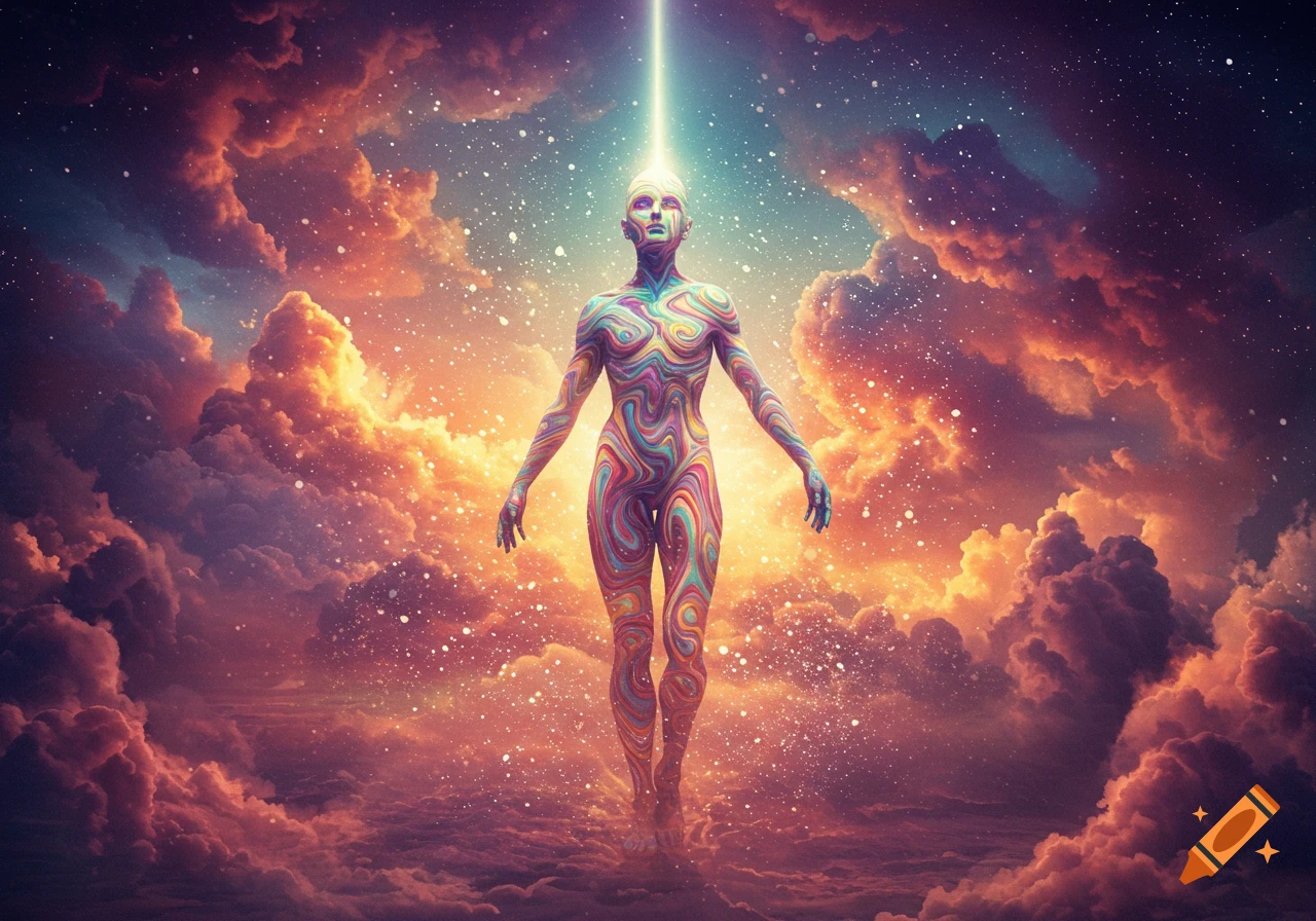 A figure with colorful psychedelic swirling patterns floats amidst vibrant orange clouds and a starry sky, illuminated by a light beam from above.