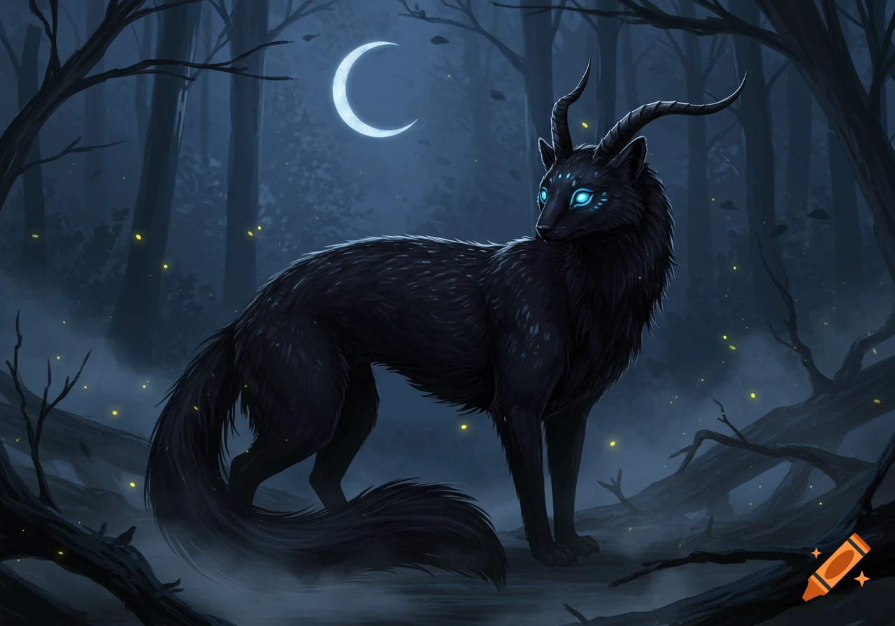 A mythical black fox-like creature with glowing blue eyes and horns stands in a dark, misty forest under a crescent moon with fireflies.