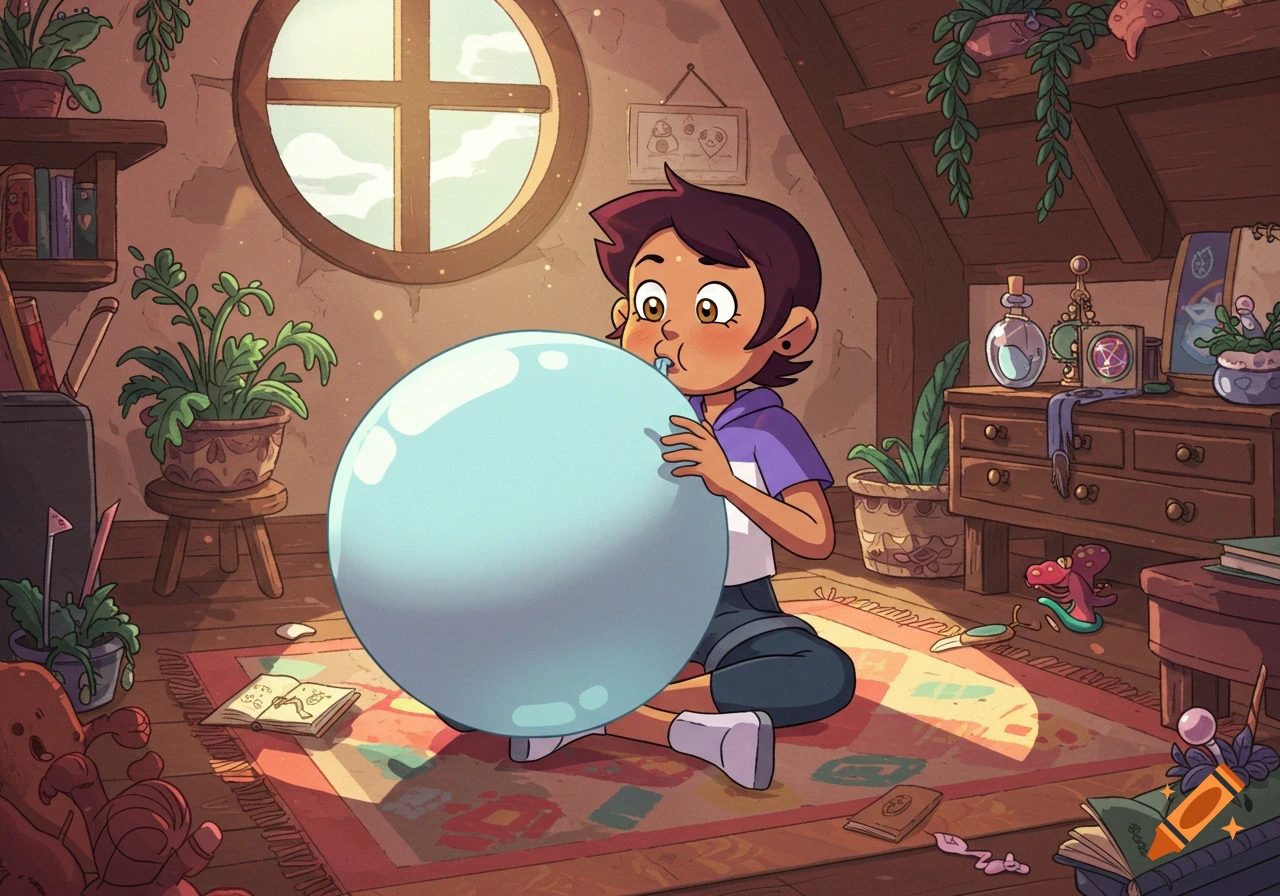 Luz Noceda, a young girl with short dark hair, sits on the floor in a cozy, rustic room, puffing her cheeks to blow up a large, light blue balloon in a cartoon style.