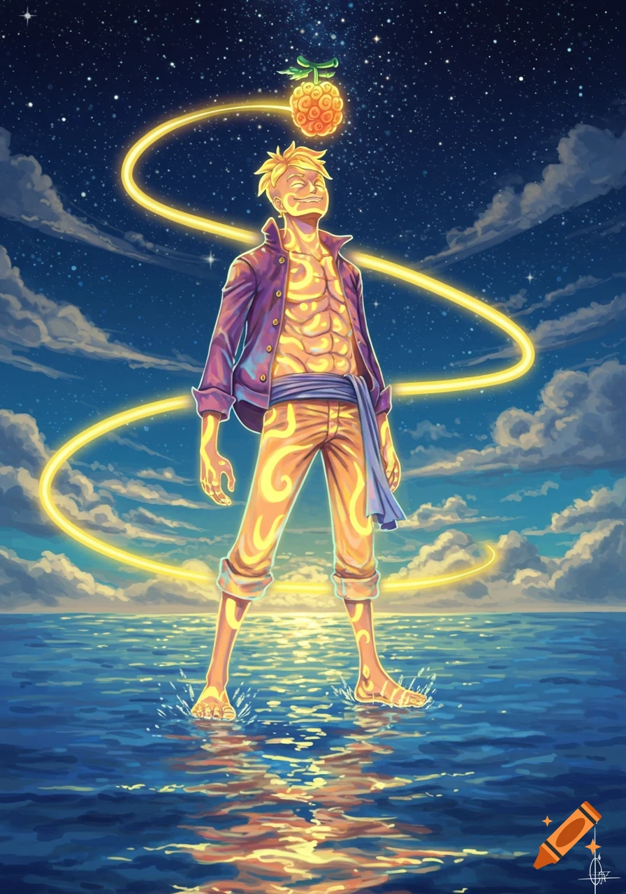 Anime illustration of a glowing yellow-patterned man with a purple jacket standing in water, looking up at a floating glowing fruit under a starry night sky.