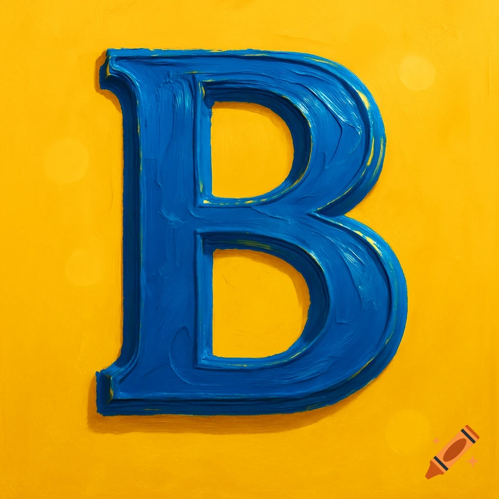 A textured blue letter B stands prominently on a vibrant yellow background, painted with visible brushstrokes.