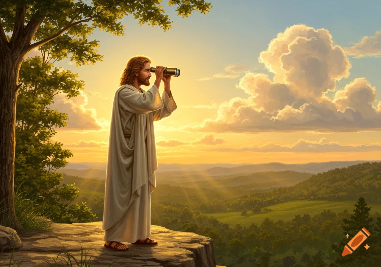 A detailed painting of Jesus Christ standing on a cliff, looking through a brass telescope over a vast, misty green landscape at sunset.