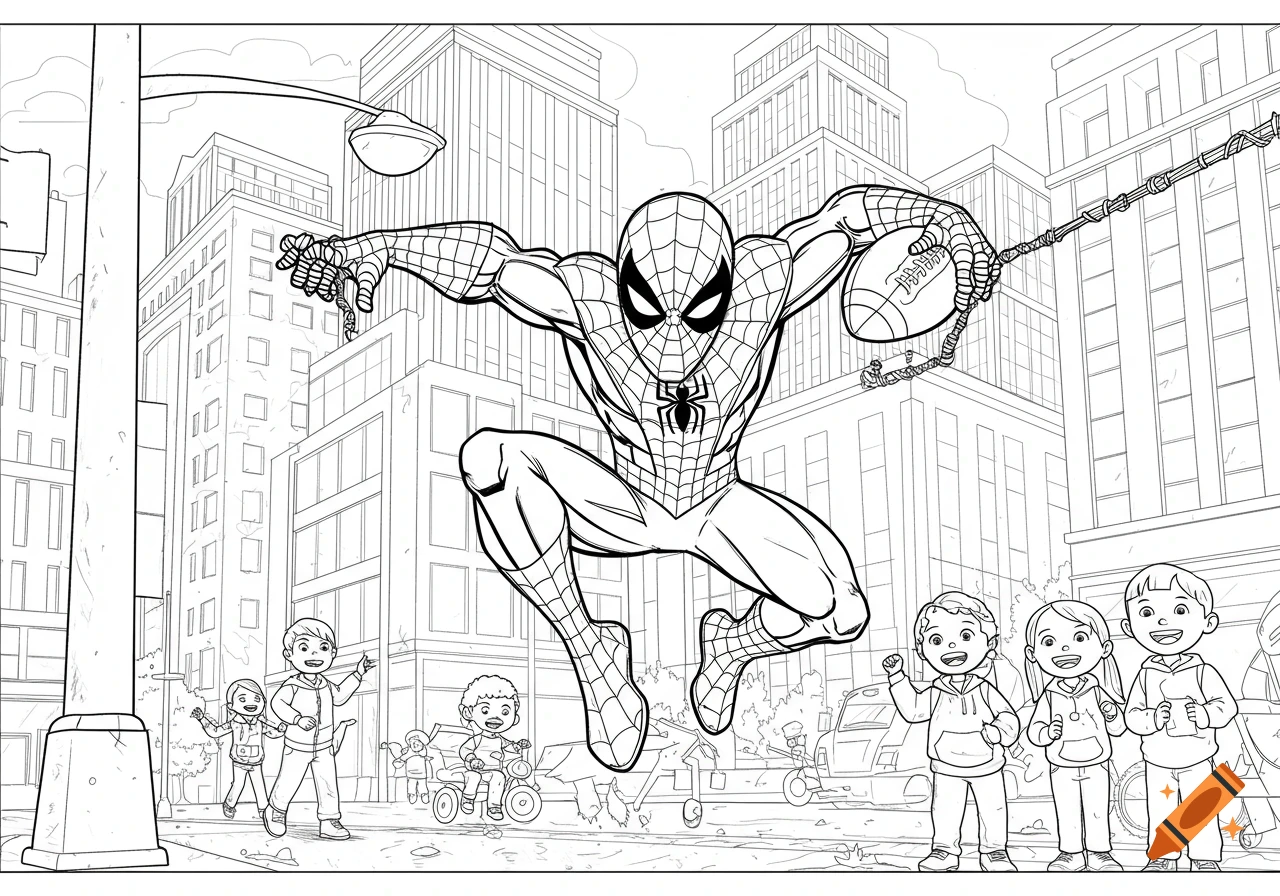 Black and white coloring page of Spiderman web-slinging with a football over a city street while excited children cheer. Comic-style line art.