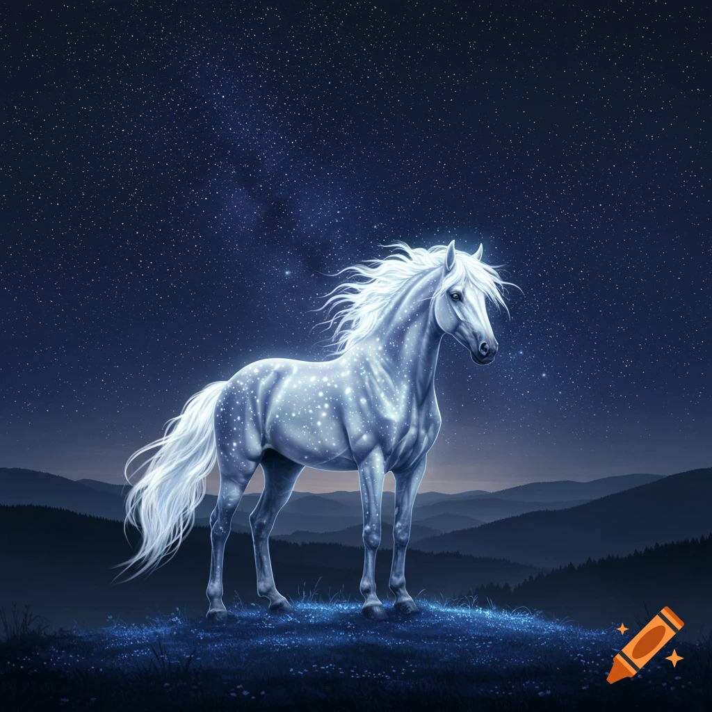 A majestic, glowing white horse stands on a grassy hill under a starry night sky with distant mountains.