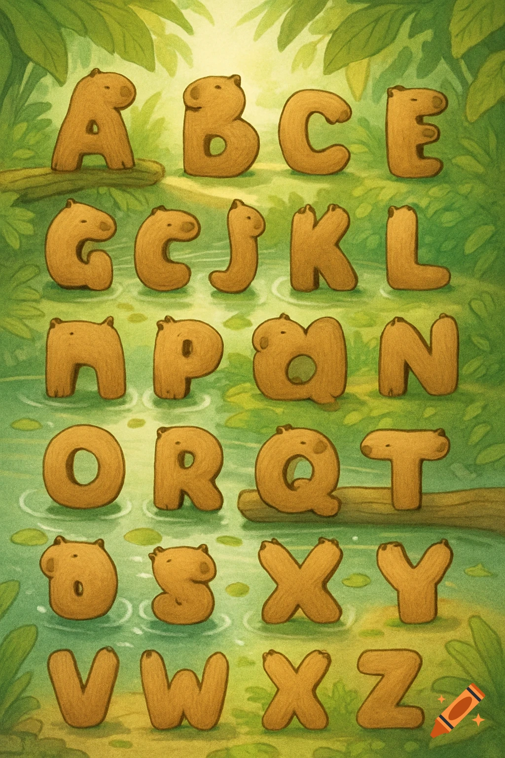 Cartoon capybara-shaped alphabet letters float in a jungle river, surrounded by green foliage.