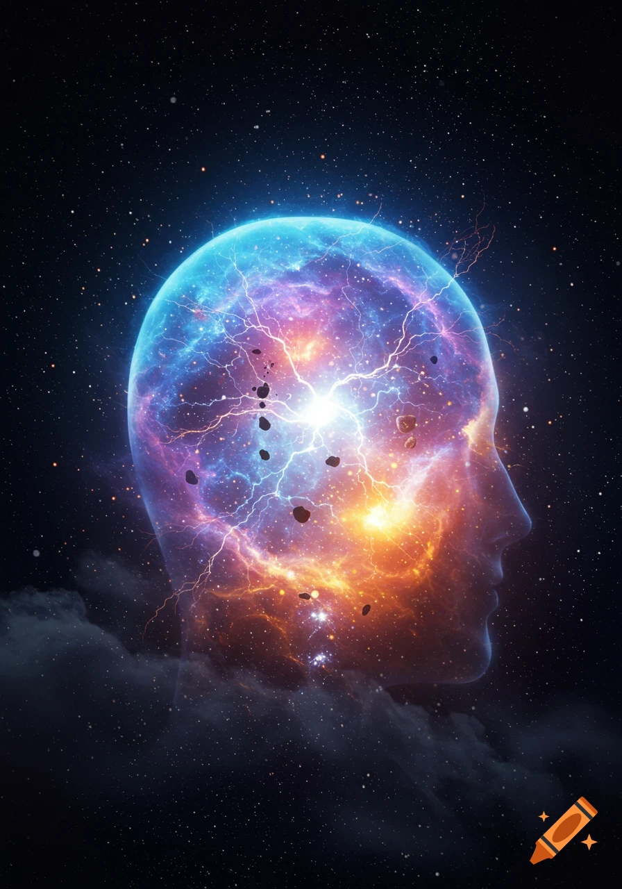 A glowing, translucent human head in profile, filled with a swirling blue and orange galaxy, lightning, and asteroids, set against a dark starry space.
