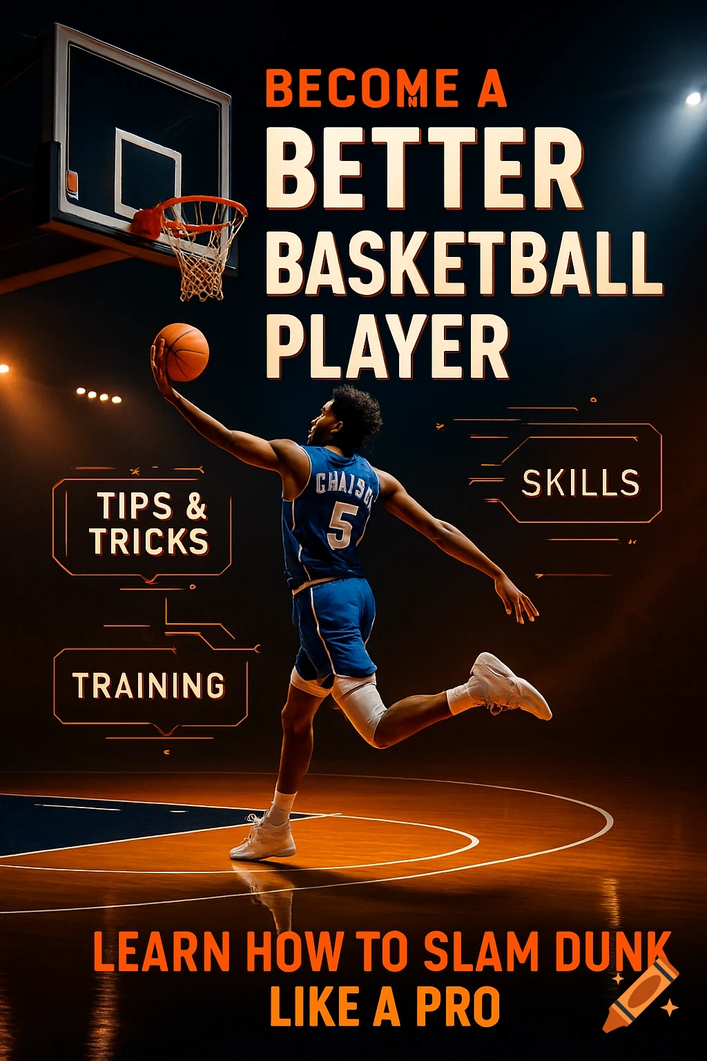 A basketball player in a blue jersey jumps with a ball on a dark court under bright lights, surrounded by text promoting skill improvement.