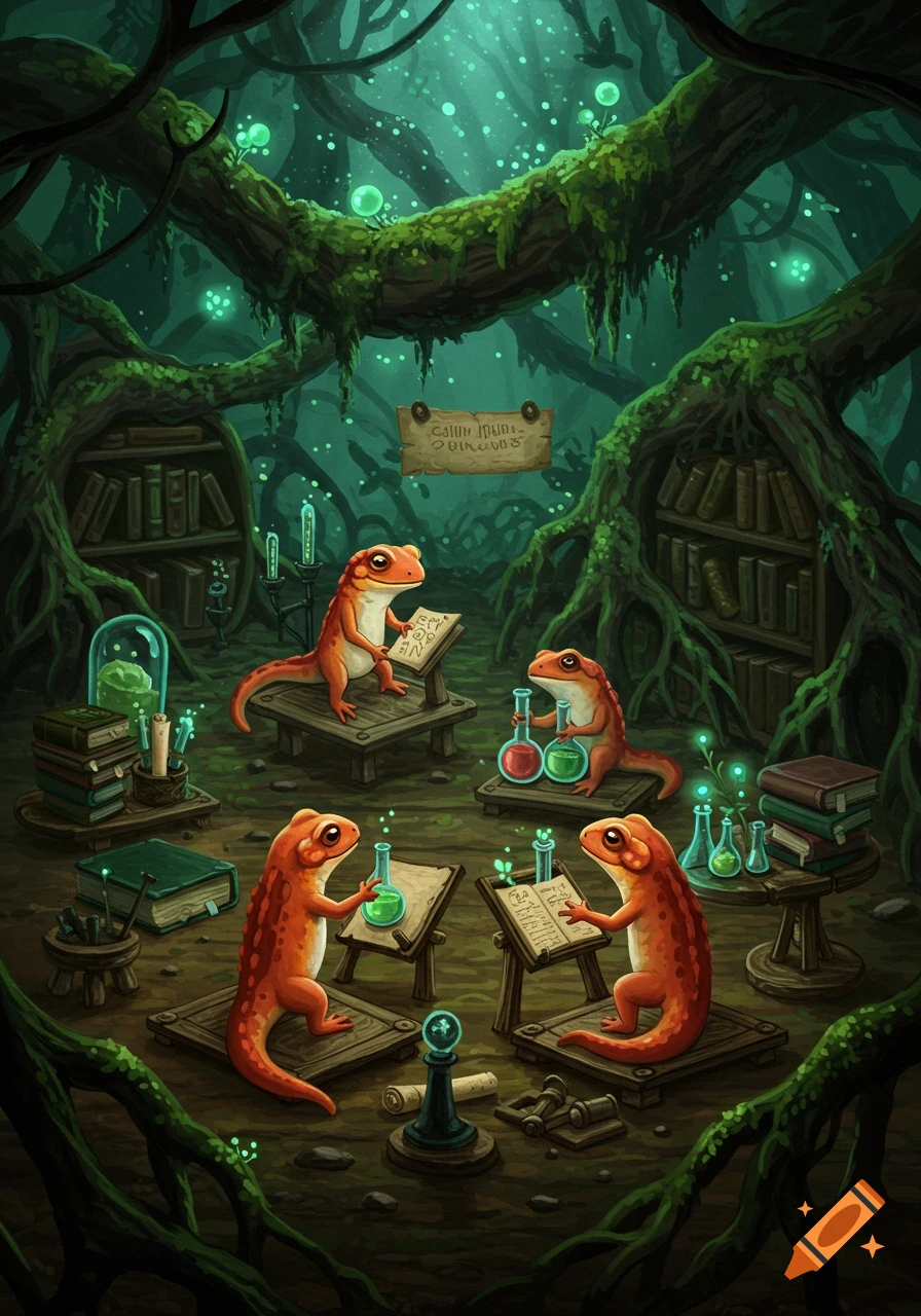 Detailed illustration of orange salamanders studying and performing alchemy in a glowing, magical forest laboratory.