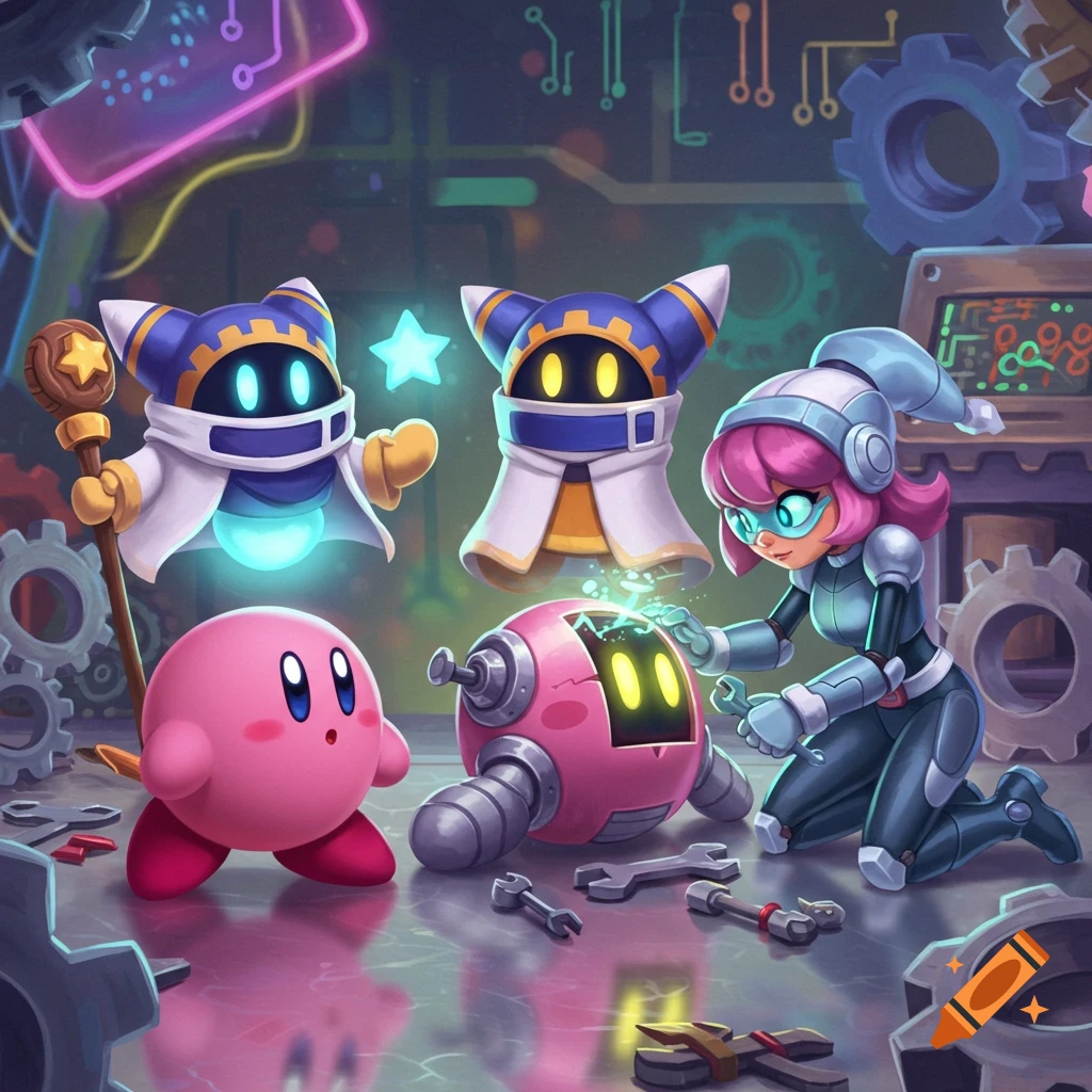 Kirby, Magolor, and Susie fix a pink cartoony robot in a workshop with tools and circuit boards in a colorful, animated style.