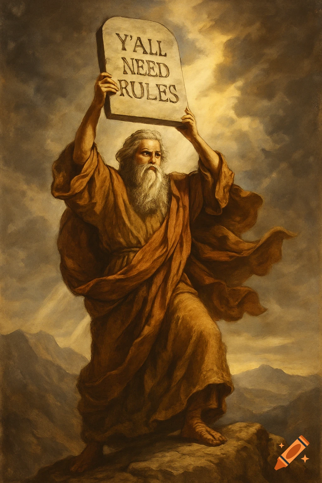 An old man resembling Moses in robes holds up a stone tablet etched with "Y'ALL NEED RULES" in a dramatic classical painting style.