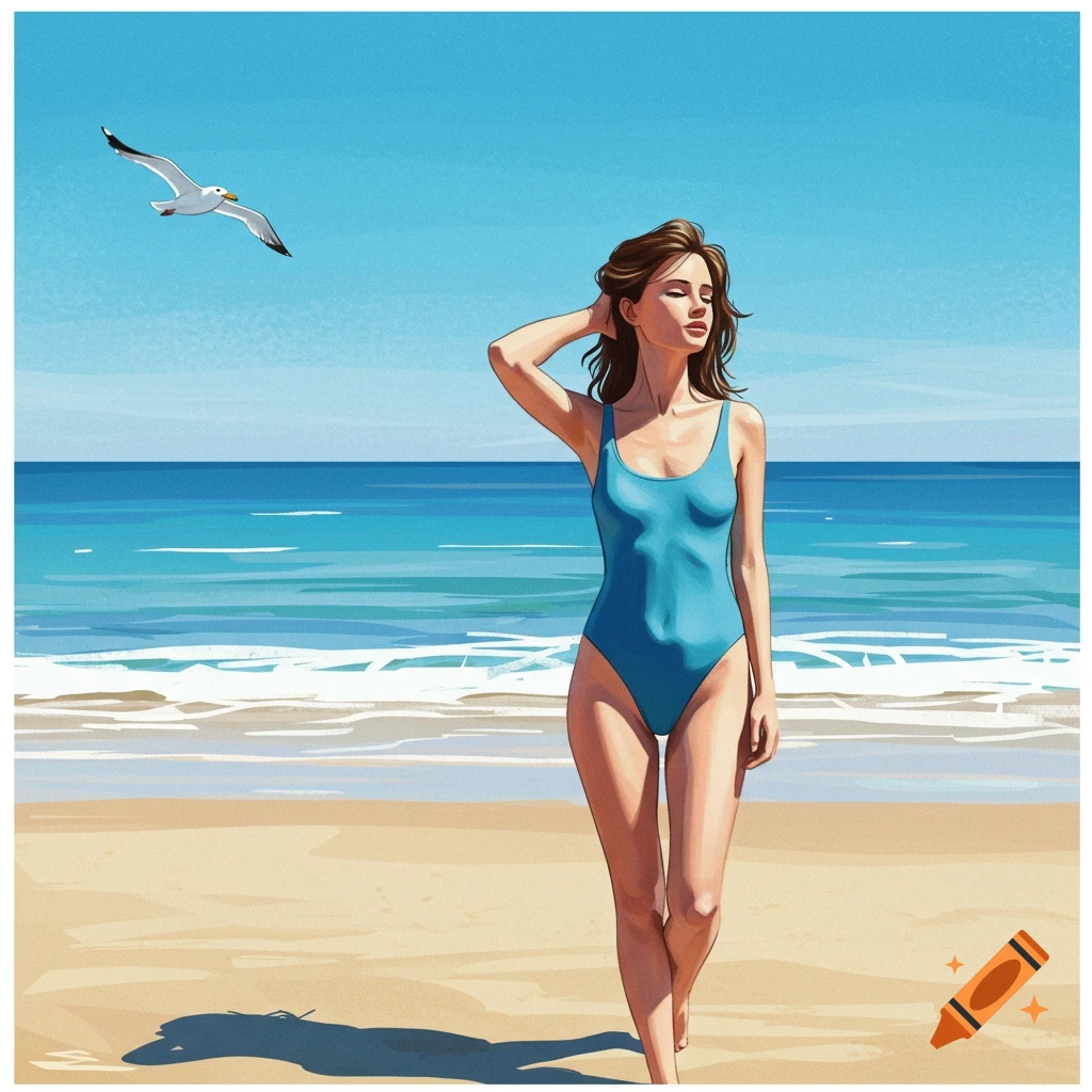 A stylized illustration of a woman in a blue one-piece swimsuit walking on a sandy beach with the ocean and a seagull in the background.