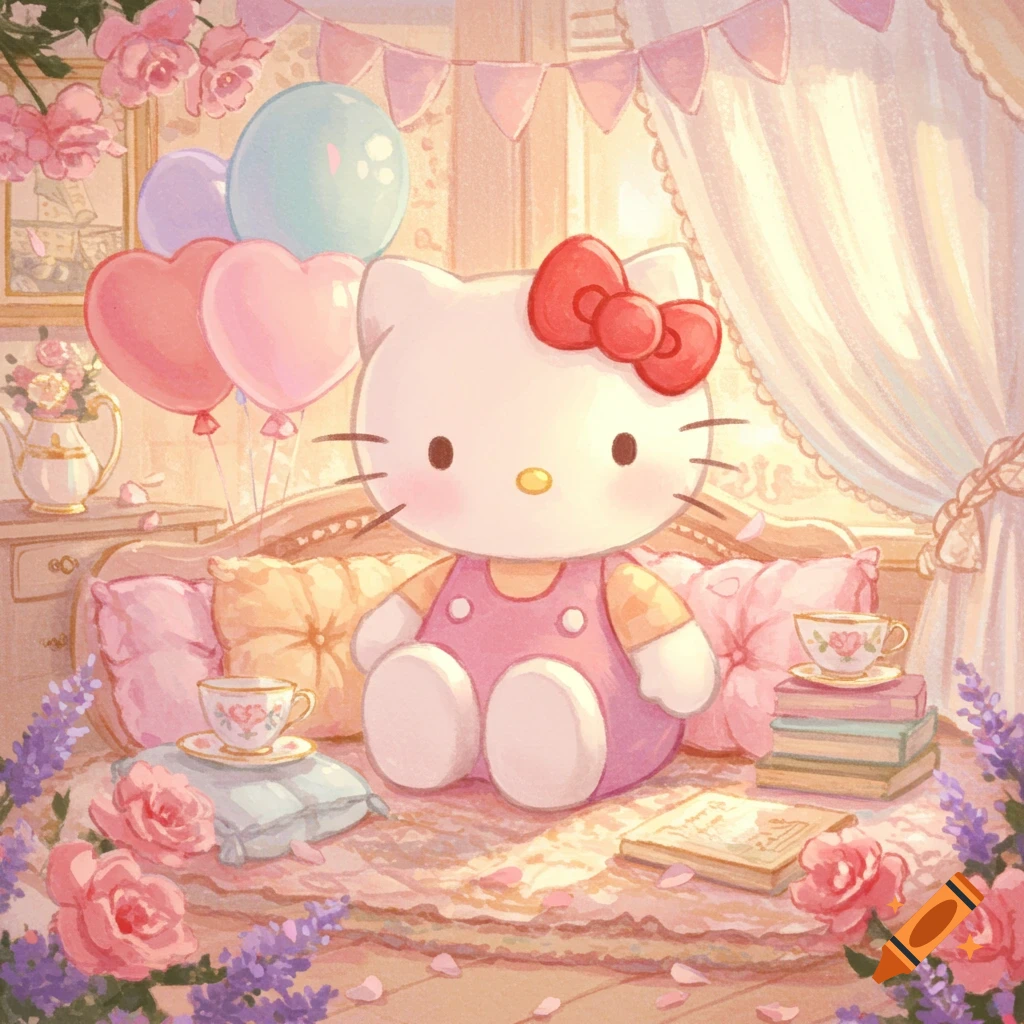 Hello Kitty sits on a cozy bed with heart balloons, teacups, books, and pink roses in a pastel, dreamy room.
