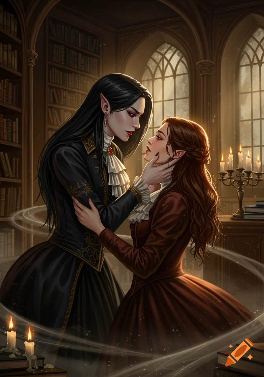 Digital painting of a dark-haired vampire woman intimately looking at and touching the face of a brown-haired woman in a gothic library.