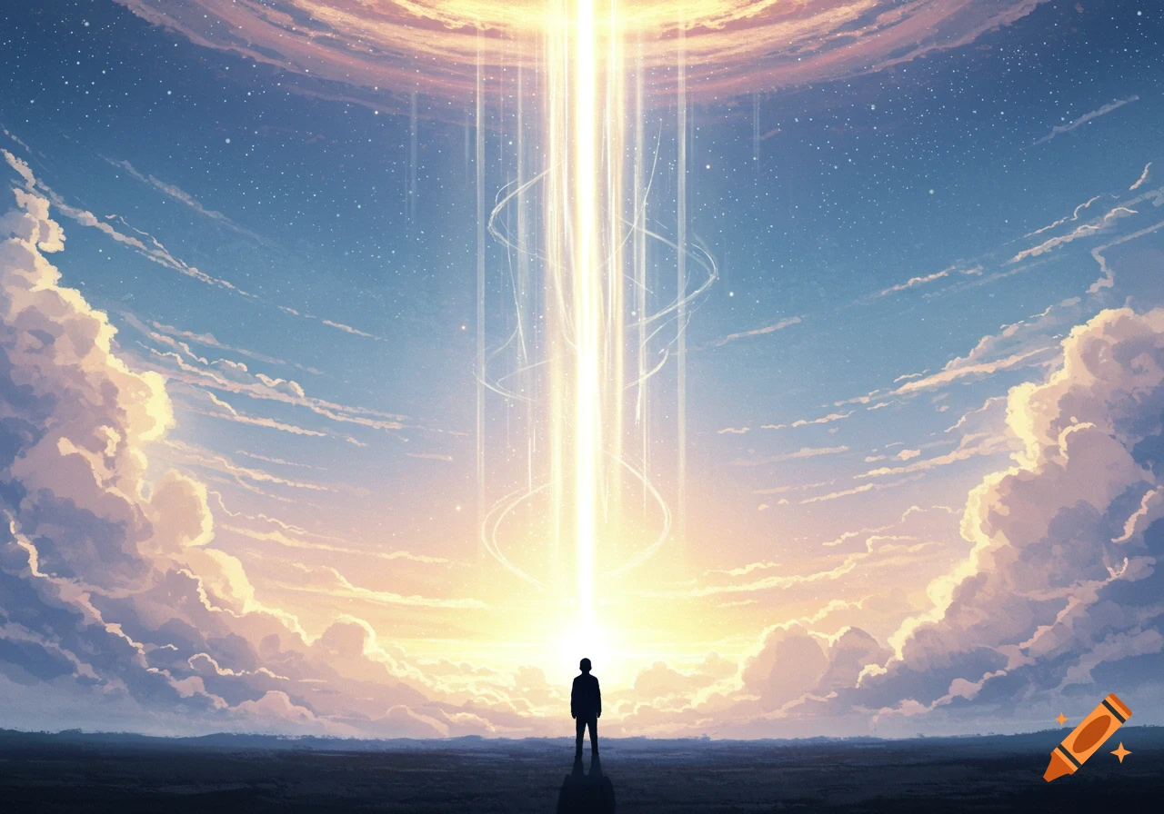 A lone figure stands looking up at a bright divine light descending from a star-filled, cloudy sky in a digital art style.