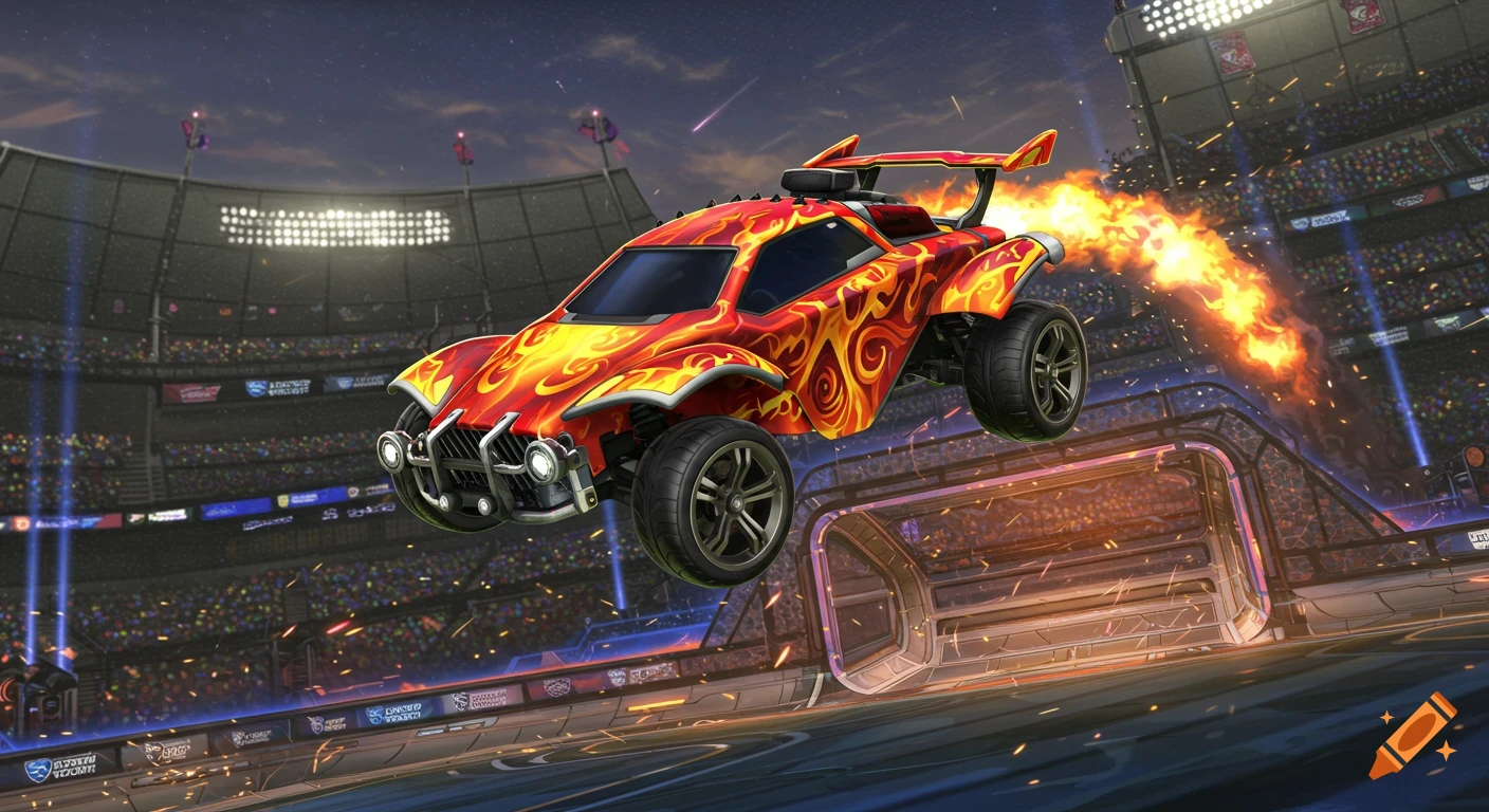 A red and orange flame-decaled Rocket League Fennec car boosting with fire from its exhaust, airborne in a futuristic stadium.