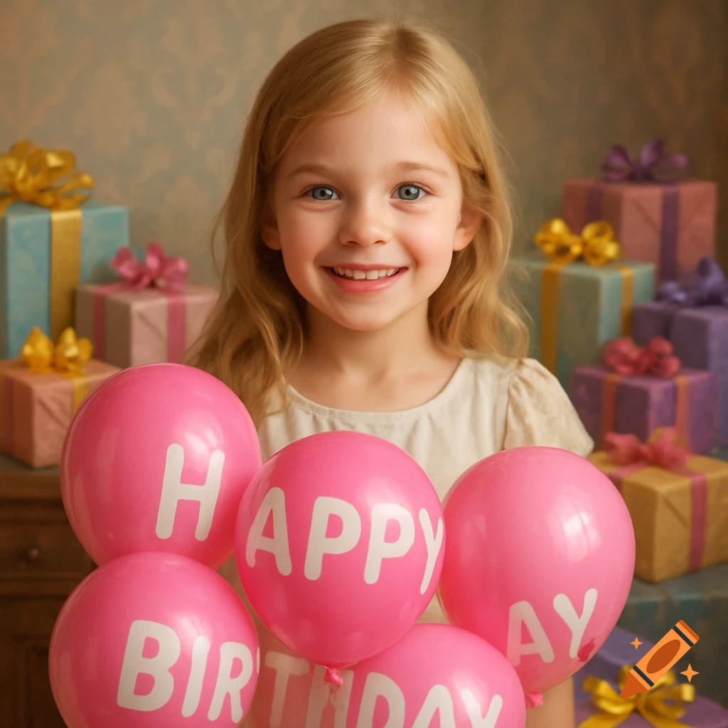 Smiling blonde girl holding pink 'HAPPY BIRTHDAY' balloons, with many gift presents in the background.