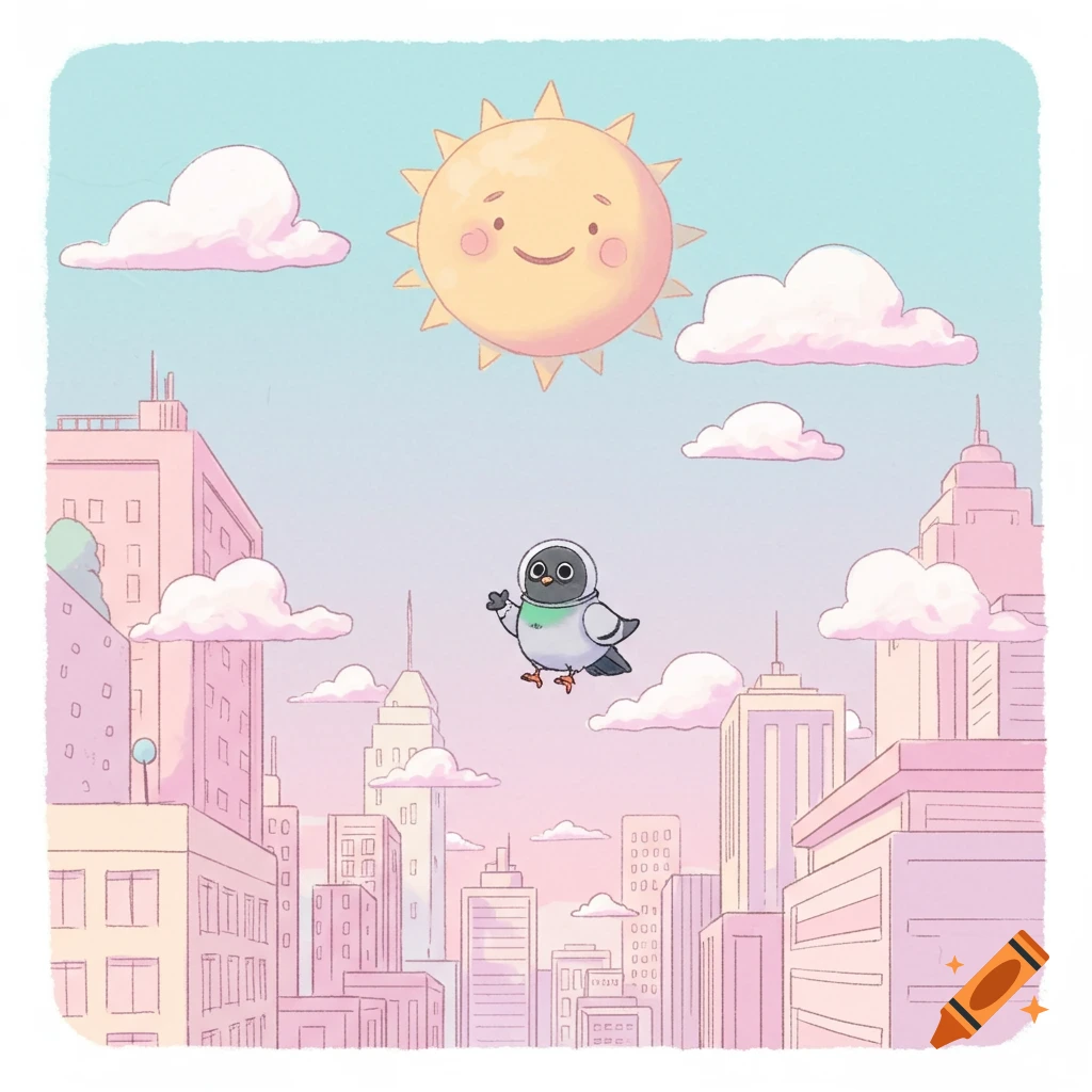 A cute cartoon pigeon with a green collar flies over a pastel city under a smiling sun with fluffy clouds.