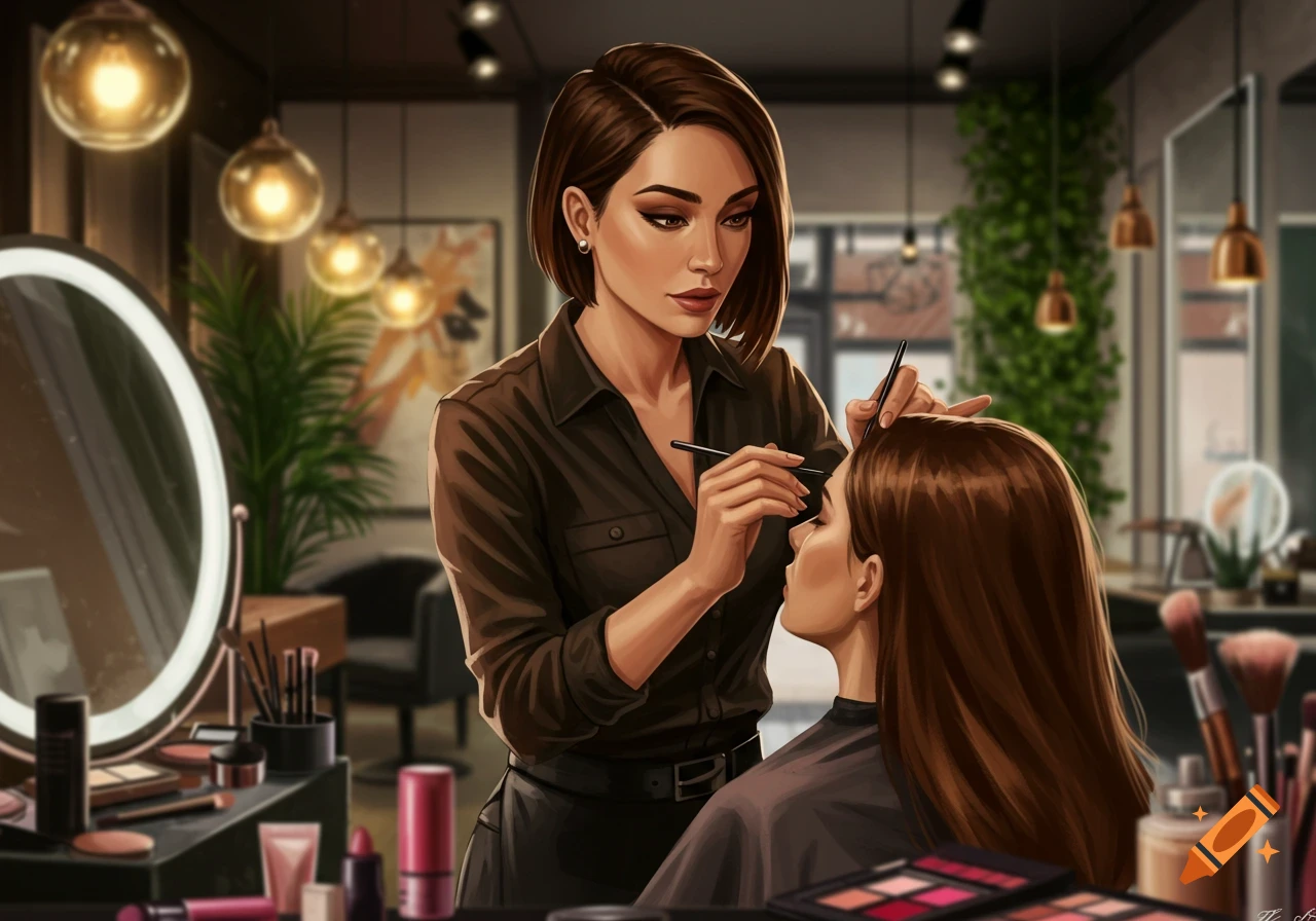 Digital painting of a makeup artist applying eyeshadow to a client in a salon, surrounded by cosmetics.