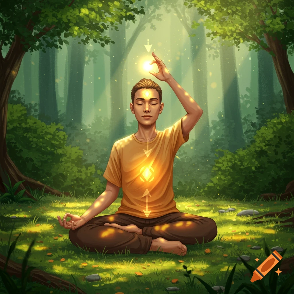 A person meditates in a lotus pose in a sunlit forest, with glowing energy flowing through them, digital art.