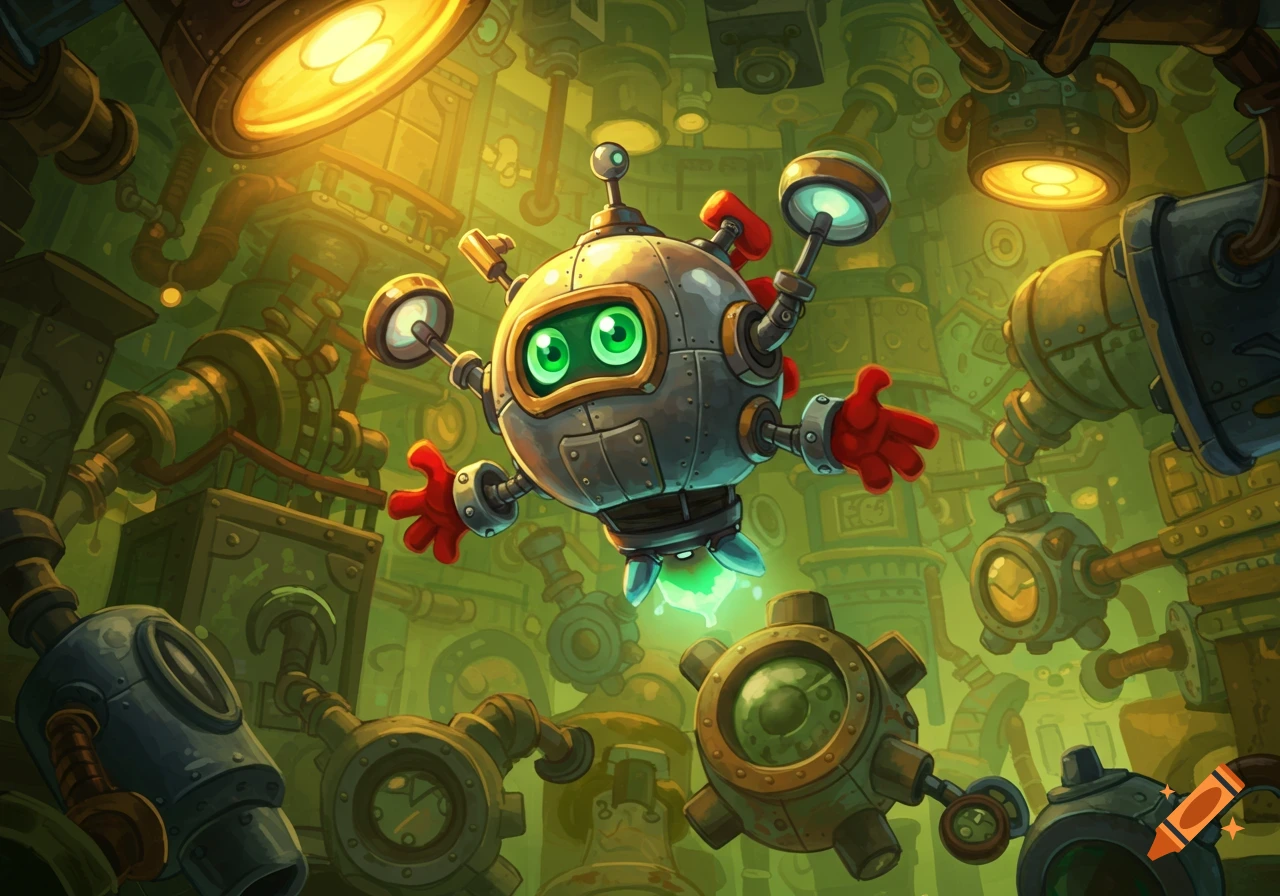 Cartoon robot I.N.E.P.T with green eyes and red hands floats in a vibrant green industrial room filled with machinery.