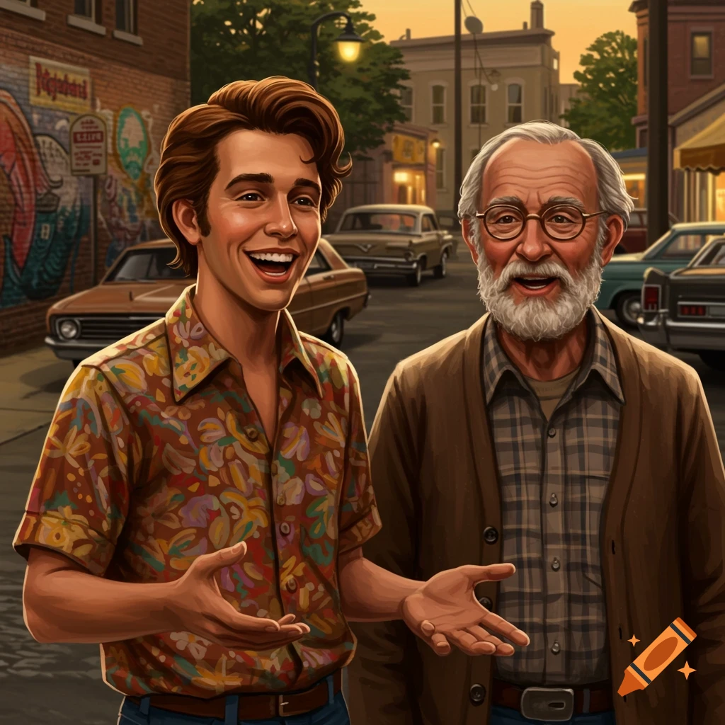 A younger man and an older man smile warmly in a stylized urban street scene with classic cars at sunset.
