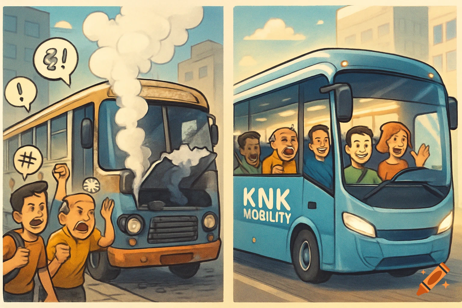 A two-panel comic shows a broken yellow bus with upset men, contrasted by a new blue KNK Mobility bus with happy passengers.