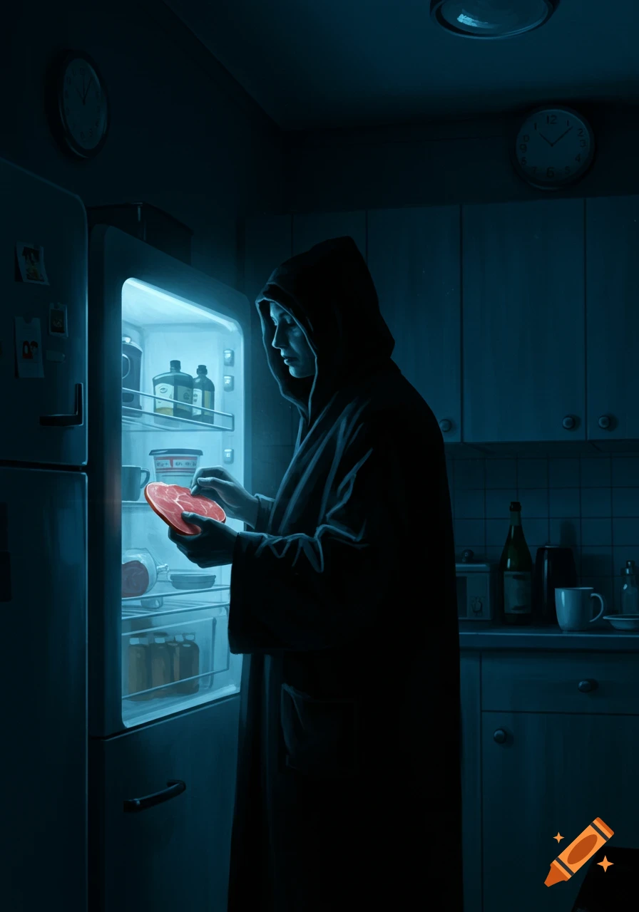 A hooded figure in a dark kitchen illuminated by an open refrigerator, holds a piece of ham.