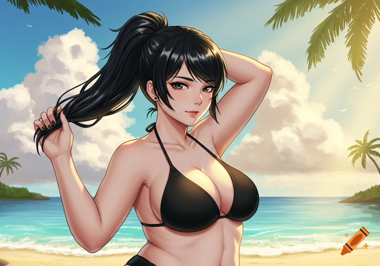 An anime girl with a black ponytail and black bikini poses on a sunny beach with palm trees.