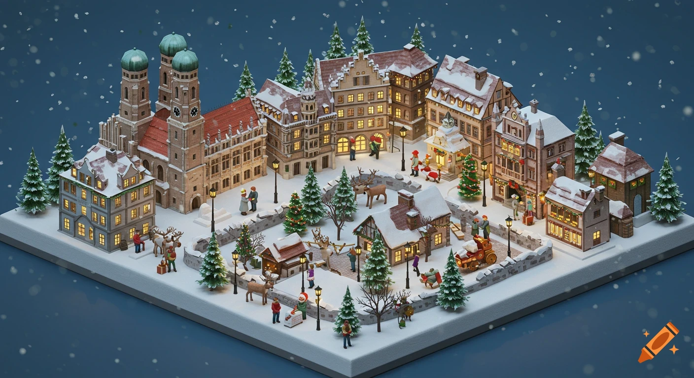 Isometric Christmas village with snow, festive lights, miniature buildings, and villagers, rendered in a warm, clay-like style.