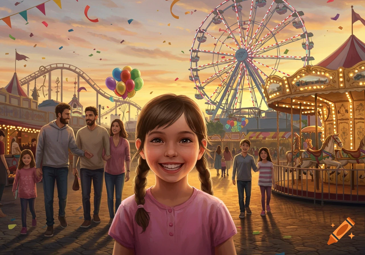 A smiling girl in pigtails in the foreground, with her family and others at a lively amusement park with a Ferris wheel and carousel at sunset.