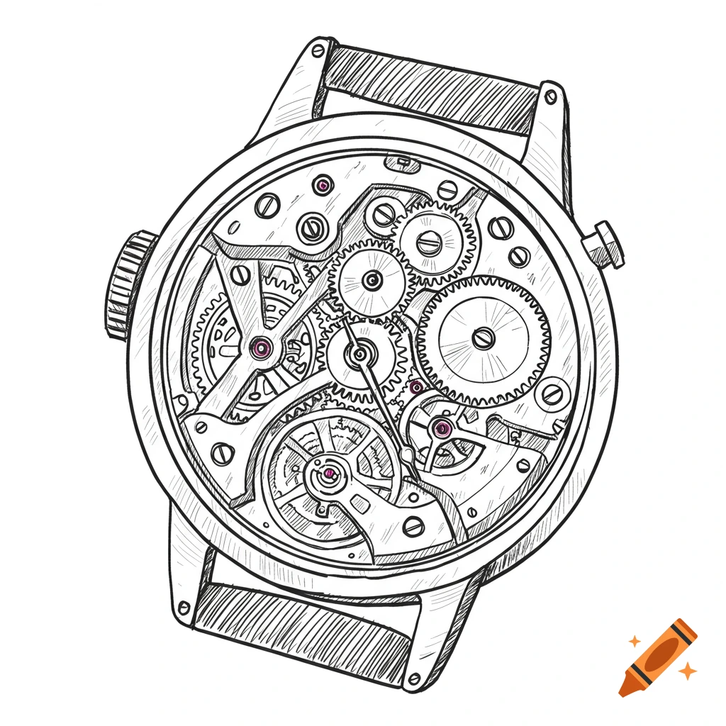 Hand-drawn doodle of a wristwatch with visible intricate gears in simple black line art on a white background.