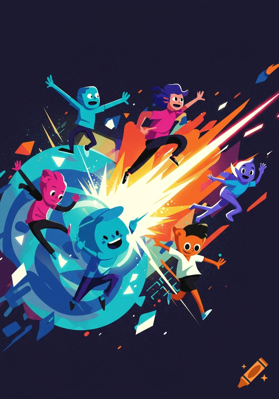 Six colorful cartoon characters jump and run around a central light burst with abstract shapes, in a vibrant, dynamic digital illustration.