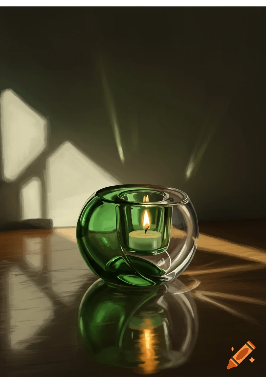 A green and clear glass candle holder with a lit tea light candle on a reflective wooden surface, with light patterns on the wall.
